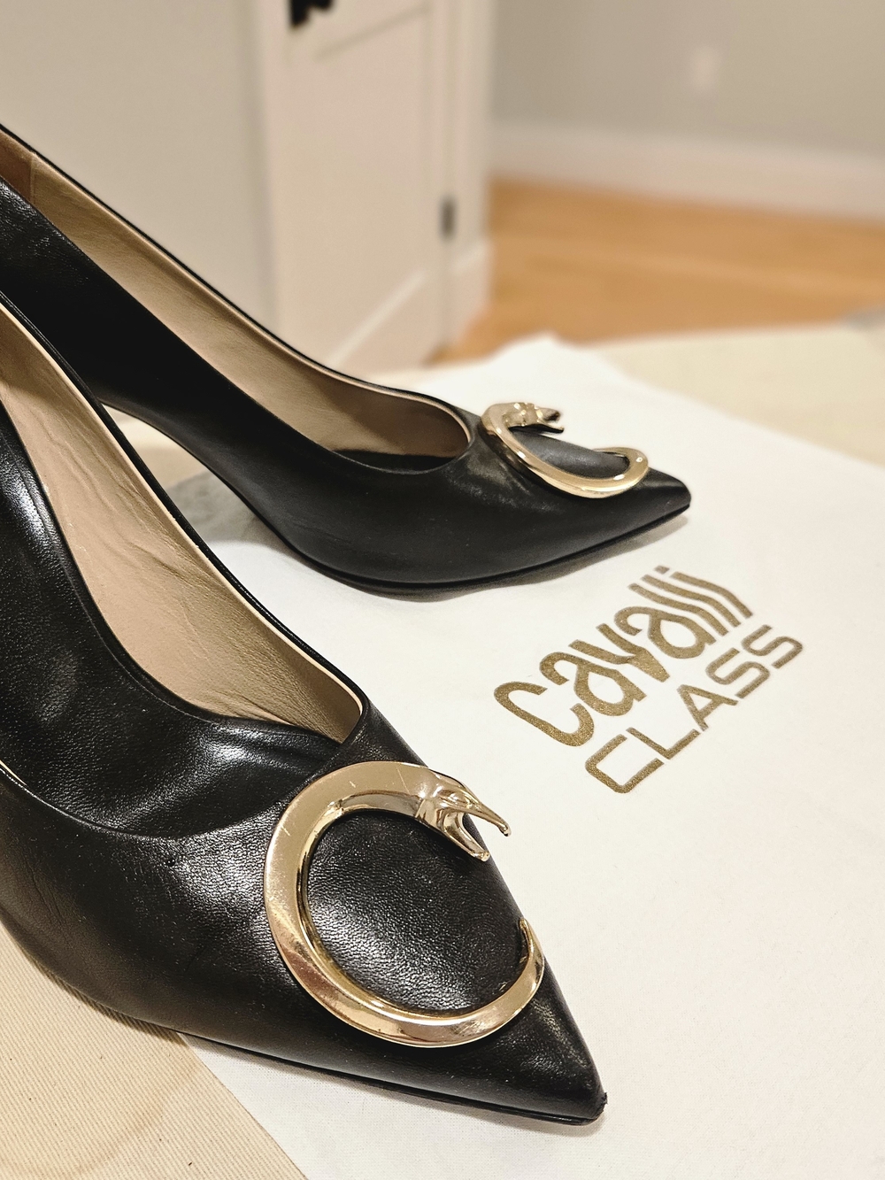 Cavalli Class Black Leather Pointed Pumps with Gold Crescent Hardware